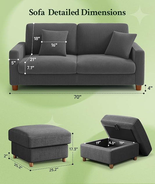 Welzona 70.2" Couches for Living Room, Comfy U Shaped Couch Grey 7.1" Thicker Cushion, Sofas for Living Room Tool-Free Setup, Loveseat with Ottoman 7058lbs Support, Corduroy Couch for Bedroom, Office
