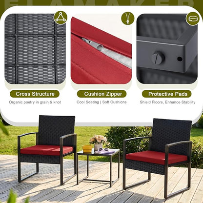 Flamaker 3 Pieces Wicker Patio Furniture Outdoor Modern Rattan Chair Conversation Sets with Coffee Table for Yard and Bistro (Red)