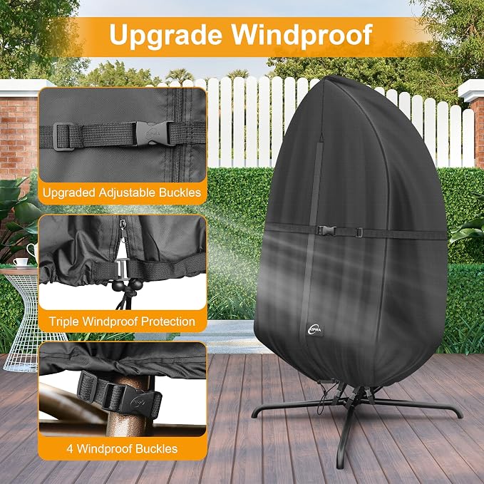 Kipiea Patio Egg Chair Covers Waterproof, Upgraded 500D Outdoor Hanging Egg Chair Covers with Waterproof Zipper, Single Seat Swing Chair Cover, Windproof, Anti-UV, No Tears ( Up to 45" W x 75"H )