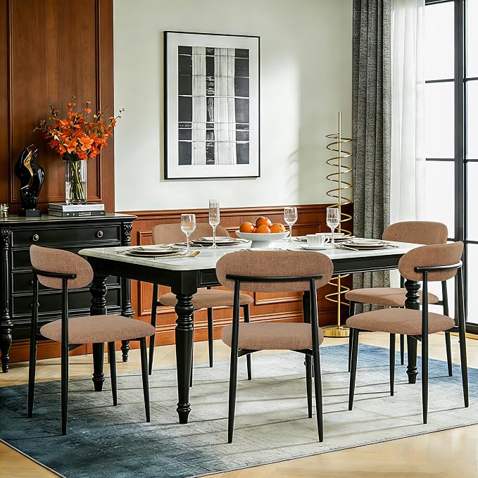 FREKEN Modern Upholstered Dining Chairs Set of 4, Mid-Century Metal Frame Linen Fabric Side Chair for Kitchen Dining Room, 350lbs Capacity, Brown