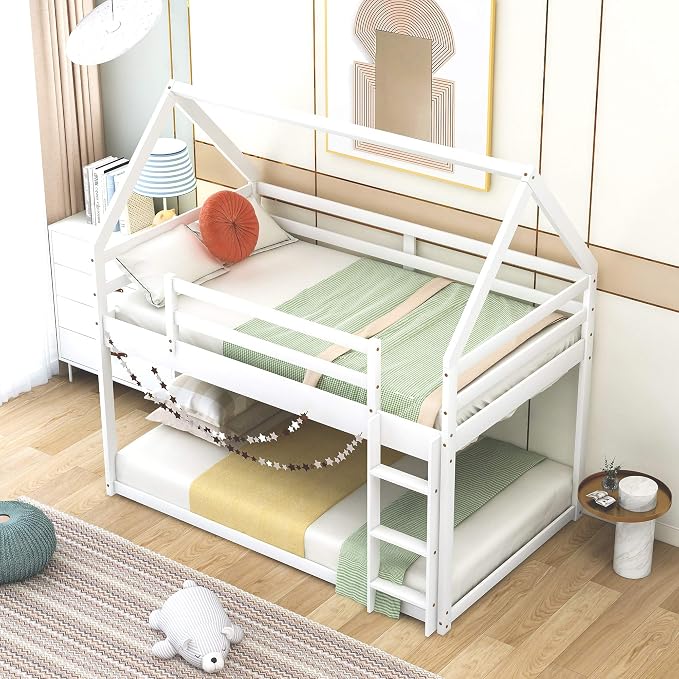 Merax Modern Floor Bunk Bed with Ladder Twin Over Twin, Wood House Shaped Bunk Bed Frame for Kids Boys Girls, No Box Spring Needed White