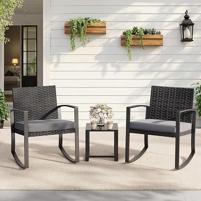Qsun 3 Pieces Patio Furniture Set Rocking Bistro Set Outdoor Rattan Conversation with Coffee Table for Garden Balcony Backyard Poolside (Grey Cushion)