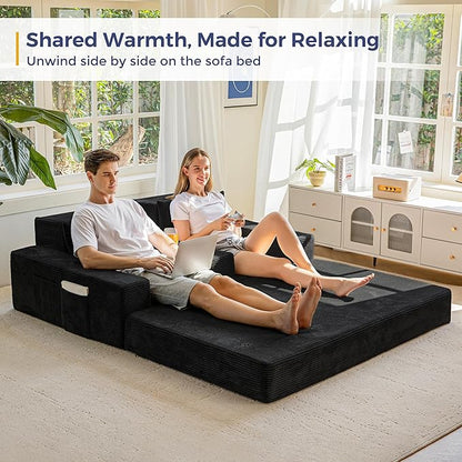 MAXYOYO Loveseat Sofa Bed, 64" Foldable Floor Sofa Couch in A Box with 2 Cup Holders, 4 in 1 Convertible Boneless Couch Folding Recliner Chair for Living Room, No Assembly Required, Black
