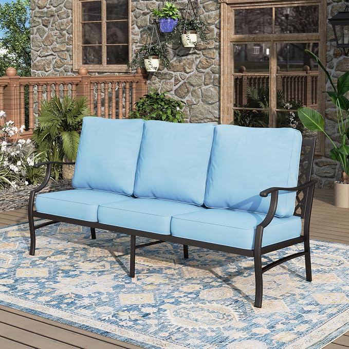 MIXPATIO Patio Couch Metal 3-Seat Outdoor Sofa Deep Seating Outdoor Furniture Blue Cushion for Front Porch, Deck, Balcony, Backyard, Sunroom