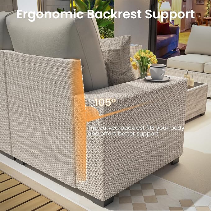 olimix 8 Piece Outdoor Patio Furniture Set, Outdoor Sectional Furniture, Rattan & Wicker Modern Modular Conversation Set Sofa Couch W/Water Resistant Washable Thick Cushions and Coffee Table, Beige