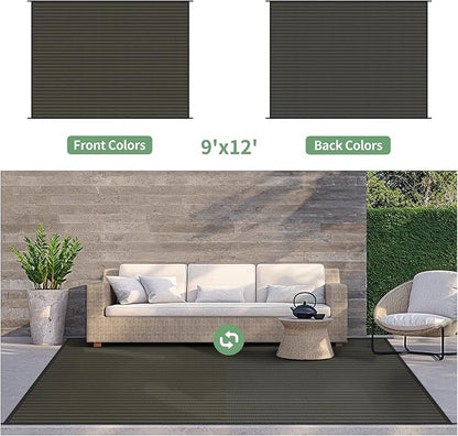 GENIMO Outdoor Rug for Patio Clearance, 9'x12' Reversible Plastic Straw Rugs, Lightweight Waterproof RV Camping Mat for Camper, Balcony, Deck, Backyard, Picnic, Black & Brown