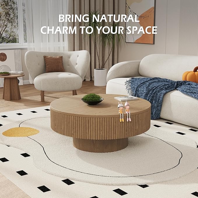 YOUDENOVA 31.5” Round Fluted Coffee Table, Modern Wood Circle Coffee Table, Veneer Handcrafted Relief Tea Table with Sturdy Pedestal for Living Room - Natural