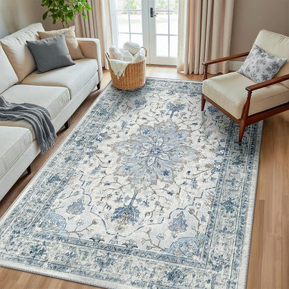 RELEANY Area Rugs 6'x8' Washable Non-Slip, Floral Vintage Distress Medallion Carpet for Living Room Bedroom Dining Room, Light Blue Navy Gray White