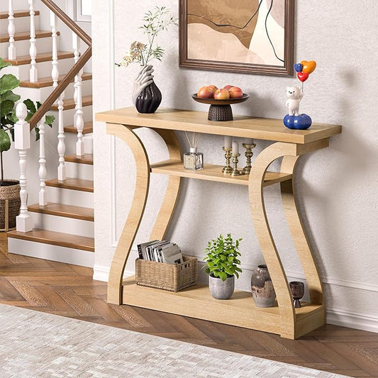 Wooden Console Table with Curved Legs and Shelf, 3-Tier Modern Accent Narrow Sofa Table for Entrance Area, Living Room, Hallway, 47 in Wide Wood Console Table for Entryway (Natural)