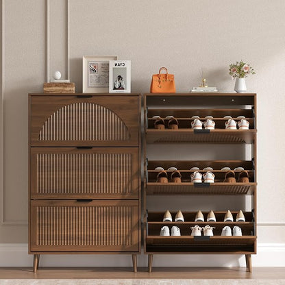 BORNOON Shoe Cabinet for Entryway with 3 Flip Drawers, Slim Wooden Shoe Storage Organizer with Modern Fluted Pannel，Freestanding Narrow Hidden Shoe Rack for Hallway, Foyer, Living Room