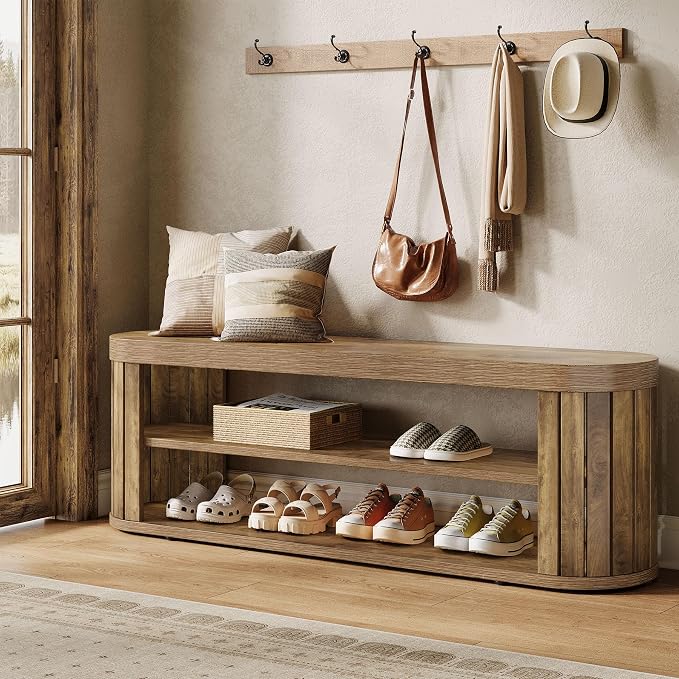 Tribesigns 47.2" Wooden Entryway Bench with 2-Tier Shoe Storage, Farmhouse Dining Bench with Adjustable Foot Pads, End of Bed Stool for Bedroom, Hallway, Living Room, Dining Room, Light Brown