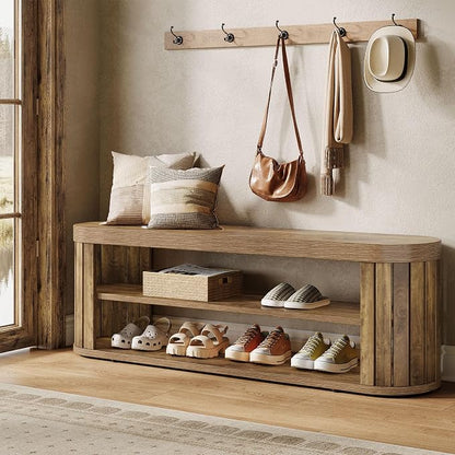 Tribesigns 47.2" Wooden Entryway Bench with 2-Tier Shoe Storage, Farmhouse Dining Bench with Adjustable Foot Pads, End of Bed Stool for Bedroom, Hallway, Living Room, Dining Room, Light Brown