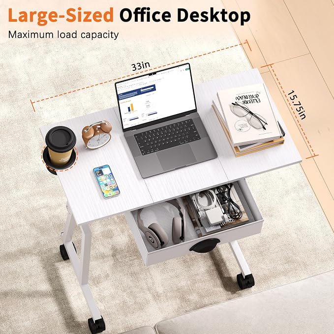 Honkazita Height Adjustable Standing Desk with Storage Drawer, Rolling Desk for Walking Pad, Small Sit-Stand Desk with Lockable Wheels, Height Range 31.5"-43.3", White, Stable Design