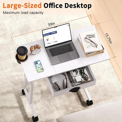 Honkazita Height Adjustable Standing Desk with Storage Drawer, Rolling Desk for Walking Pad, Small Sit-Stand Desk with Lockable Wheels, Height Range 31.5"-43.3", White, Stable Design
