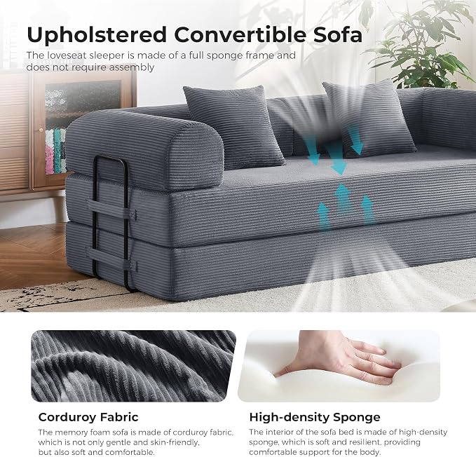 79" 5-in-1 Convertible Sofa Bed No Assembly, Boneless Couch Bed with High Density Foam, Foldable Sleeper Sofa, Corduroy Modular Couch for Apartment, Studio, Dorm Room, Small Space, Dark Gray