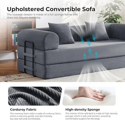 79" 5-in-1 Convertible Sofa Bed No Assembly, Boneless Couch Bed with High Density Foam, Foldable Sleeper Sofa, Corduroy Modular Couch for Apartment, Studio, Dorm Room, Small Space, Dark Gray