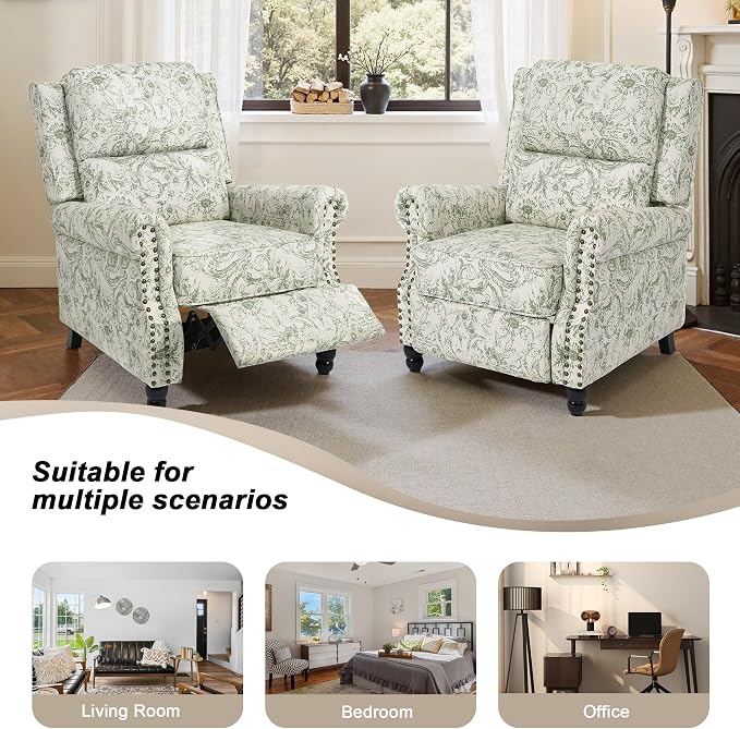 Recliner Chair, Modern Pushback Armchair with Adjustable Backrest & Footrest for Bedroom, Living Room (Rococo Green,Set of 2)