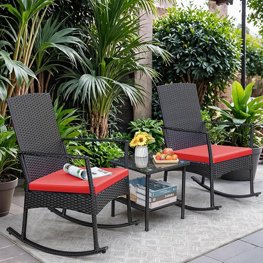 Greesum 3 Pieces Patio Furniture Set Outdoor Wicker Rocking Chairs with Glass Coffee Table for Garden Backyard Porch Poolside, Red