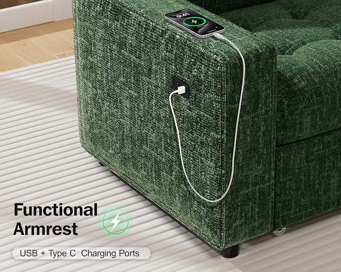 Vipbear 5 Seat L Shaped Modular Sectional Sleeper Sofa Bed with Pull Out Bed/Reclining Backrest/USB Ports/Storage Seat, Sectional Sleeper Couch, Tool-Free Assembly, Chenille Green