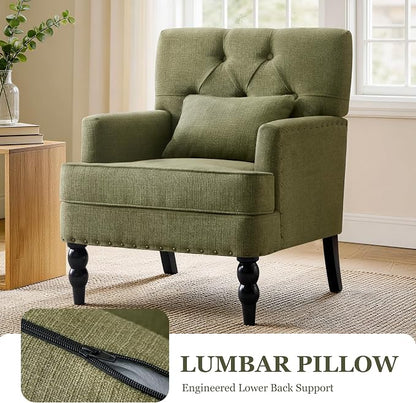 HUIMO Set of 2 Accent Chairs for Living Room, Tufted Upholstered Club Chairs with Lumbar Pillows, Vintage Reading Armchairs with Solid Wood Legs for Bedroom Apartment, Olive Green