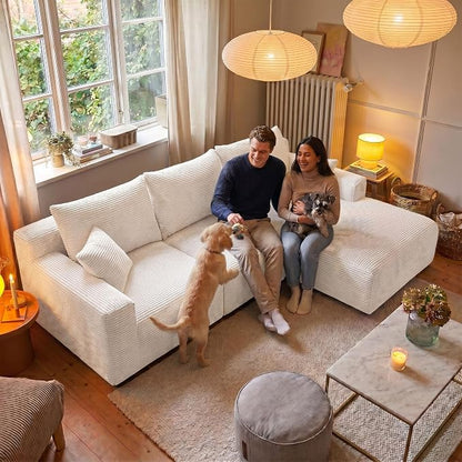 Homkdom 98" Boneless Modular Sectional Sofa, Cloud Couch with 27" Deep Seat & Oversized Chaise, L-Shaped High-Density Foam Sofa for Living Room Apartment, No Assembly Required (White, Right Facing)