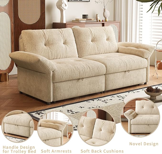 81.5" Pull Out Sofa Bed Full Size, Pre-Assembled Chenille Sleeper Sofa, Convertible Loveseat Futon Couch with Tufted, Pillows, for Apartment, Living Room, Small Spaces, dorms, Beige