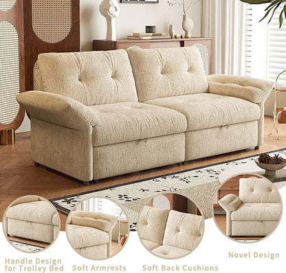 81.5'' Full Sleeper Sofa, Pre-Assembled, Chenille Pull Out Couches Bed, 3-in-1 Convertible Sofa, Adjustable Backrest, Small Loveseat for Small Space, Living Room, Apartment, Chenille Beige