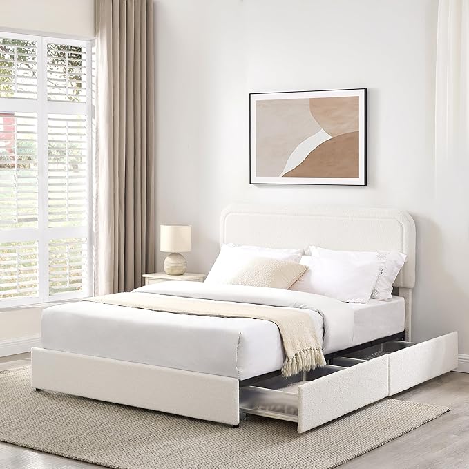 Ball & Cast Queen Size Bed Frame,Boucle Upholstered Platform Bed with Patented 4 Drawers Storage & Curved Stitched Headboard,Wooden Slats Support,No Box Spring Needed,Easy Assembly,Ivory