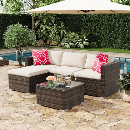 GAOMON 5-Piece All-Weather Patio Furniture Set, Convertible Outdoor Sectional Sofa with Ottoman & Tempered Glass Table, PE Rattan Conversation Set for Garden, Backyard, Porch, Poolside