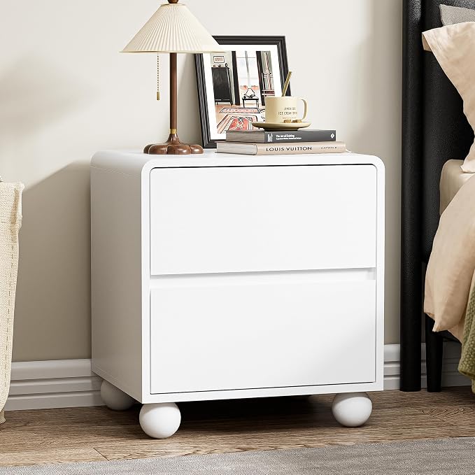 Furniway White Nightstand Set of 2, Modern 2 Drawer Bedside Table with Curved Profile Design and Handle-Free Drawers, Modern End Table with Storage for Bedroom