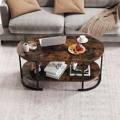 Giantex 2-Tier Coffee Table, Oval Center Table with Wood Grain Top & Open Storage Shelf, Modern Accent Table with Heavy Duty Metal Frame, Cocktail Table for Living Room Reception (Rustic Brown)