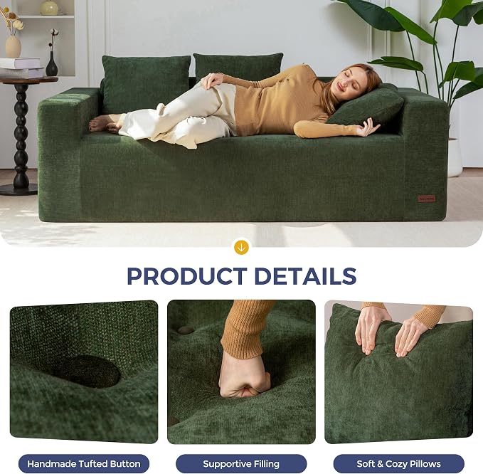 MAXYOYO Modular Sofa Couch, 75" Oversized Loveseat Boneless Cloud Couch with Deep Seat, Chenille Upholstered Living Room Comfy Sofa Chair for Living Room, No Assembly Required, Dark Green