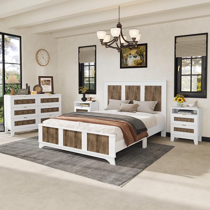 4 Pieces Bedroom Furniture Sets Farmhouse Queen Size Bed Frame with Storage Dresser & Nightstand, Wood Platform Bed Frames with Metal Handle for Living Room, Home, Guest Room, Apartment
