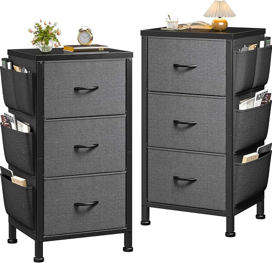 Night Stand Set 2, Nightstand with Drawers for Bedroom, Bedside Table with Wooden Top, Sturdy Steel Frame End Table, Dorm Nightstand for Bedroom, Entryway, Hallway, Closet, Cloth Bags, Hooks, Grey
