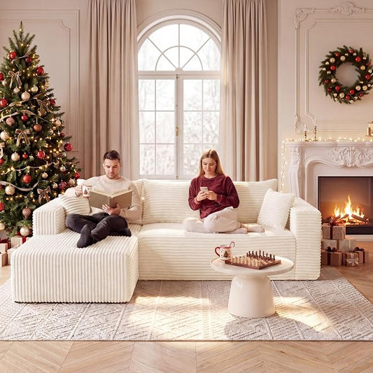 92.5" L-Shaped Sectional Boneless Couches with Chaise, Comfy Modular Corduroy Fluffy Couch with Deep Seat, 3 Seater Cloud Sofa for Apartment Flexible Module Combination for Living Room, No Assembly