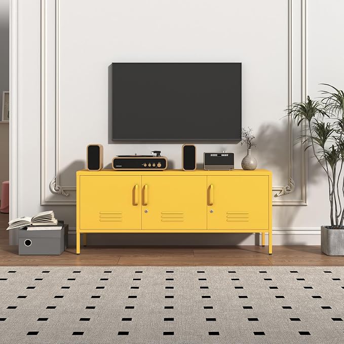 3 Door Lockable Metal TV Stand Storage Cabinet with Accent Cabinet Locker, Wide Heavy Duty Media Console for Large 100+ Inch TVs, Home Office Entertainment Center, Yellow 22"H X 47.3"W X 13.8"D
