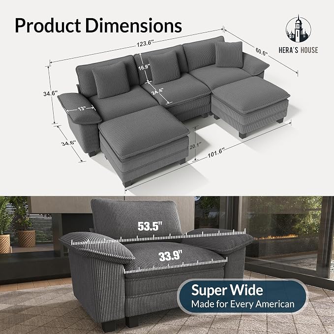 HERA'S HOUSE 124" Oversized Modular Sectional Sofa, Comfy U Shaped Couches for Living Room, Cloud Couch with Ottoman, 5-Seater Deep Seat Sofa with Throw Pillow, Corduroy Grey