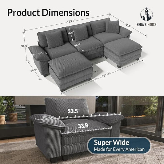 HERA'S HOUSE 124" Oversized Modular Sectional Sofa, Comfy U Shaped Couches for Living Room, Cloud Couch with Ottoman, 5-Seater Deep Seat Sofa with Throw Pillow, Corduroy Grey