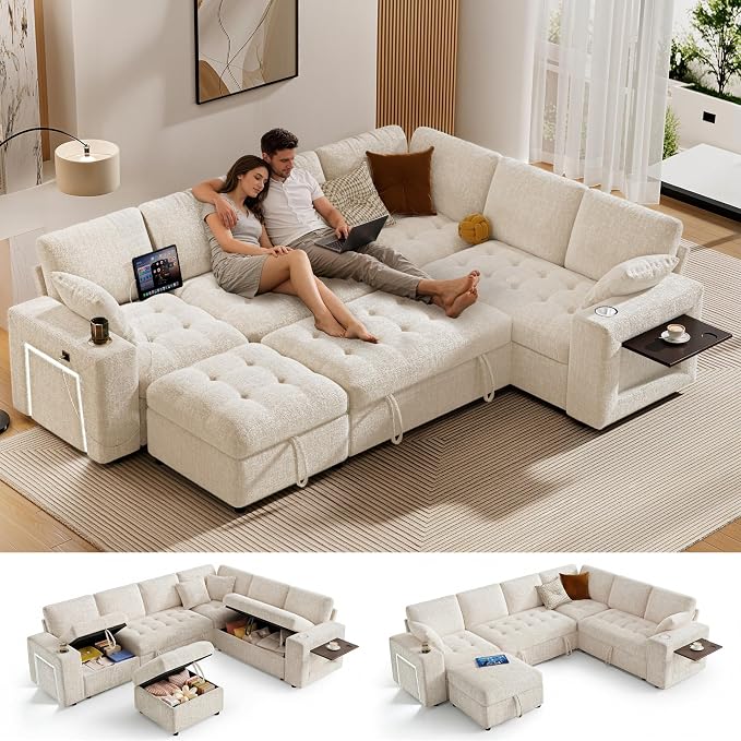 Vipbear 111" Modular Sectional Sleeper Sofa with Pull Out Bed, 7 Seat Chenille L Shaped Couch with Storage Ottoman|USB Ports|Cup Holders|Side Table|LED Light, Tool Free Assembly, Beige