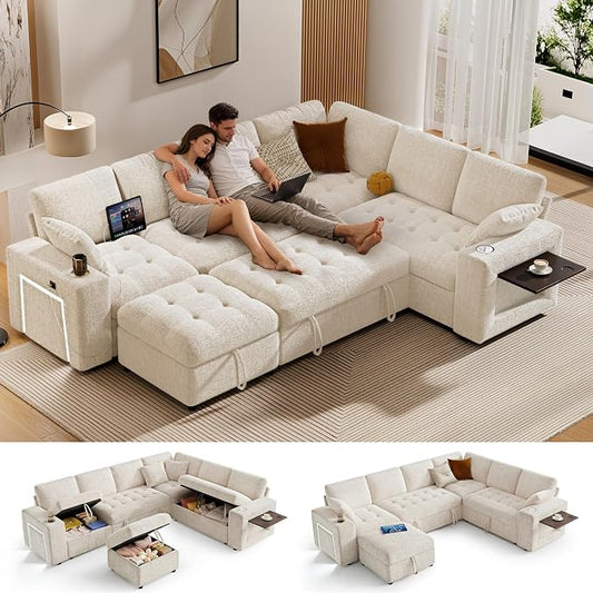 Vipbear 111" Modular Sectional Sleeper Sofa with Pull Out Bed, 7 Seat Chenille L Shaped Couch with Storage Ottoman|USB Ports|Cup Holders|Side Table|LED Light, Tool Free Assembly, Beige