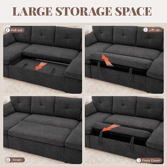 Huatean Home Oversized Sleeper Sofa Couch, 100 inch 2 in 1 Pullout Couch Bed with Side Pockets for Living Room, Sectional Sleeper Sofa Bed with Double Storage Chaise, Black