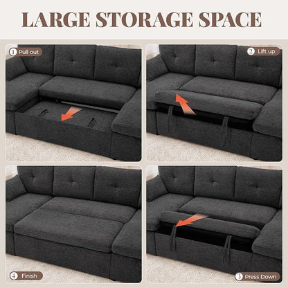 Huatean Home Oversized Sleeper Sofa Couch, 100 inch 2 in 1 Pullout Couch Bed with Side Pockets for Living Room, Sectional Sleeper Sofa Bed with Double Storage Chaise, Black