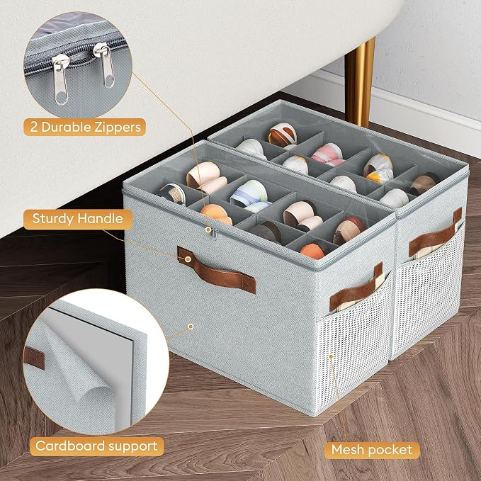 Budding Joy 2 Pack Shoe Organizer for Closet, Clear Foldable Shoe Storage Containers Adjustable Dividers Fits 16 Pairs,Shoe Storage Bins Baskets Boxes with Reinforced Handles Light grey | Farbic shoe storage organizer box bin with clear cover, fits up ...