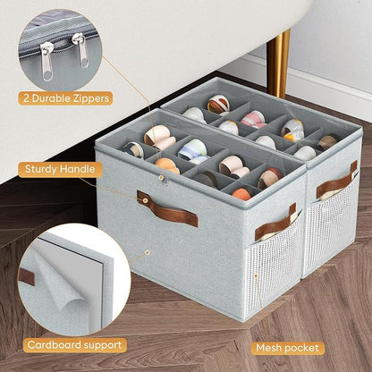 Budding Joy 2 Pack Shoe Organizer for Closet, Clear Foldable Shoe Storage Containers Adjustable Dividers Fits 16 Pairs,Shoe Storage Bins Baskets Boxes with Reinforced Handles Light grey | Farbic shoe storage organizer box bin with clear cover, fits up ...