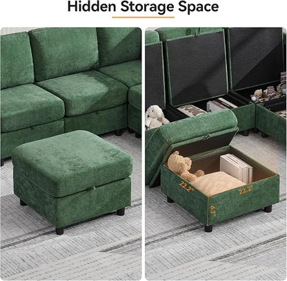 WUTUTUEE 25”Square Storage Ottoman Module for Modular Sectional Sofa, Living Room Coffee Table Sectional Ottoman Footrest for Convertible Couch, Chenille Dark Green