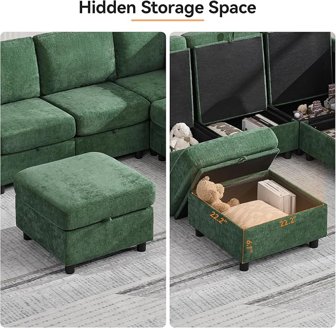 104'' V Shaped Modular Sofa, Sectional Couch with Storage for Living Room, Modern 7 Seater Cloud Sectional Couch with Movable Ottoman, Chenille Dark Green