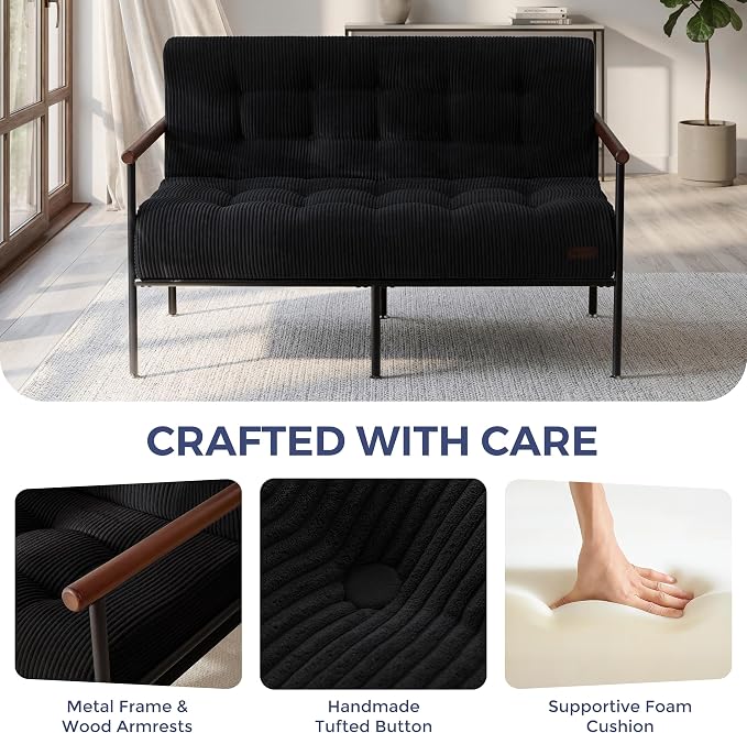 MAXYOYO Living Room Accent Chair, Loveseat Sofa Chair with Sturdy Metal Frame & Wood Armrests, Button Tufted Upholstered Small Couch Modern Love Seat for Bedroom Office, Black