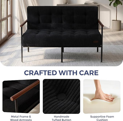 MAXYOYO Living Room Accent Chair, Loveseat Sofa Chair with Sturdy Metal Frame & Wood Armrests, Button Tufted Upholstered Small Couch Modern Love Seat for Bedroom Office, Black