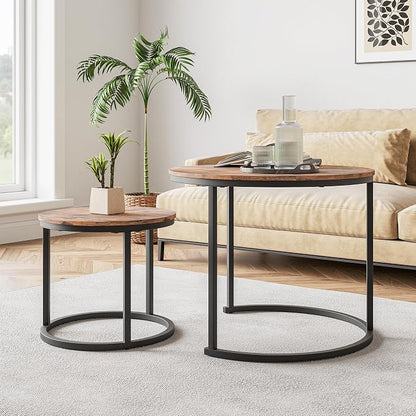 HOJINLINERO Round Coffee Table,Nesting Coffee Table Set of 2,Center Tables for Living Room,Office, Home Small Space,Stacking Side Tables,Sturdy and Easy Assembly,Wood Desktop,Rustic Brown,Small