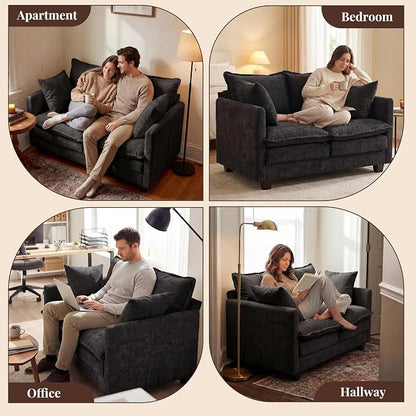 Loveseat Sofa with Cloud 3-Layer Cushion & 27" Deep Seat, Modern Small Couch with 2 Washable Pillows for Small Spaces, Bedroom, Apartment, Office, Living Room, in a Box, 50-Inch Black